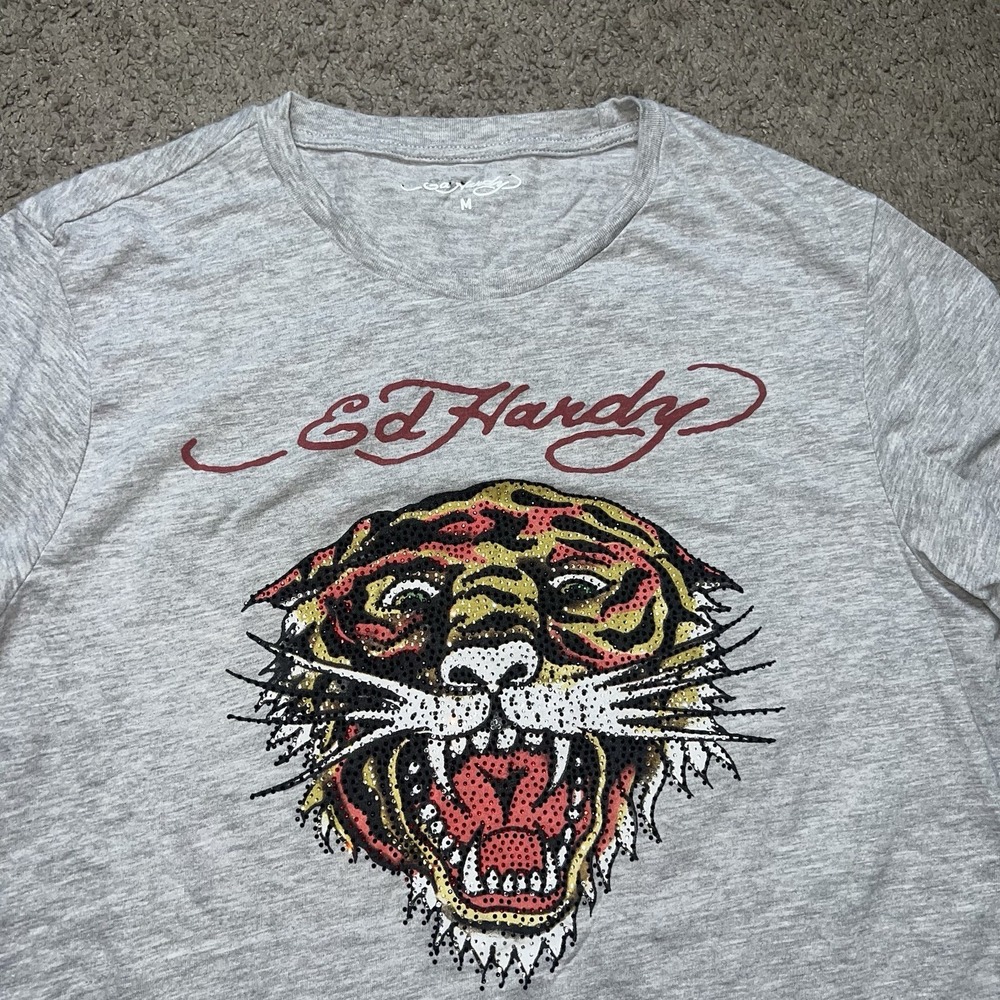 Ed Hardy Tiger Graphic Mens Size Medium T-shirt Rhinestone Tattoo Art Gray